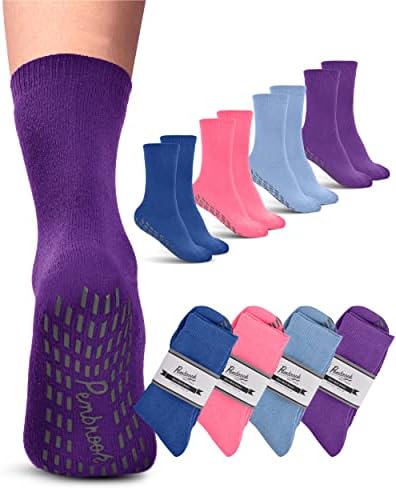Pembrook Cotton Non Slip Socks | 4 Pairs Crew Grip Socks Men & Women | Crew Socks with Grippers for Men & Women | Adult Grippy Socks Men | Hospital Socks for Men with Grips