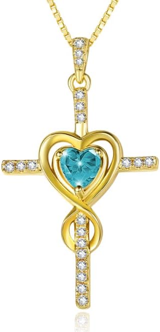 CupidGift Cross Necklace for Women 14K Gold Plated Dainty Heart Birthstone Pendant Infinity Necklaces Religious Jewelry Christian Baptism Faith Anniversary Birthday Gifts for Wife Mom