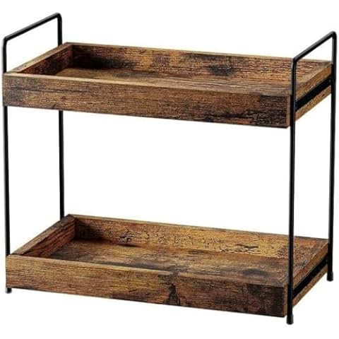 mahueeol 2 Tier Bathroom Counter Organizer Wood Bathroom Storage Shelf Spice Rack for Kitchen Countertop Vanity Tray Makeup Storage Coffee Station Organizer-Rustic Brown Cover