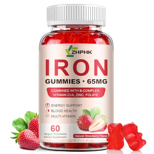 ZHPHK Iron Supplement Gummies, 65mg Iron for Women Men Kids, Natural Vegan Iron Gummy with Folate...