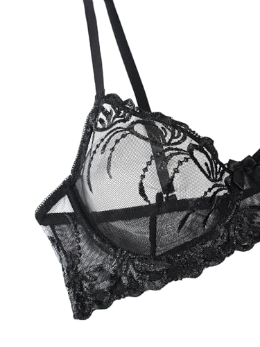 Image of Lilosy Sexy Leaf Floral Embroidered Mesh Sheer Women Underwire Push Up Lingerie Set