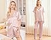 Ekouaer Silk Pajamas for Women Set Satin Pjs Soft Short Sleeve Button Down Sleepwear 3 Piece Loungewear,Lotus Pink,L