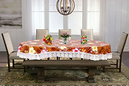 Image of The Furnishing Tree Waterproof PVC Oval Shaped 10 Seater Table Cover WxL 60x120 inches Floral Pattern Orange with White Border lace