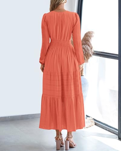 BTFBM Fall Dresses for Women 2025 Casual Long Sleeve V Neck Elastic Waist Lightweight Maxi Wedding Guest Dress Pockets