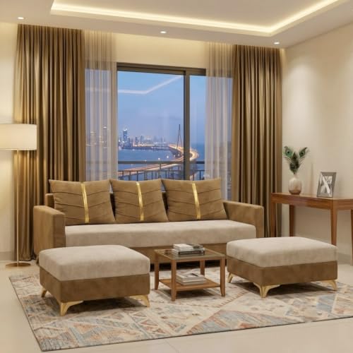 Image of Caviar Plush Comfort Sofa Set | 3 Seater with 2 Ottomans | Luxury Velvet Suede Fabric | Modern Living Room Sofa | Cream - Beige