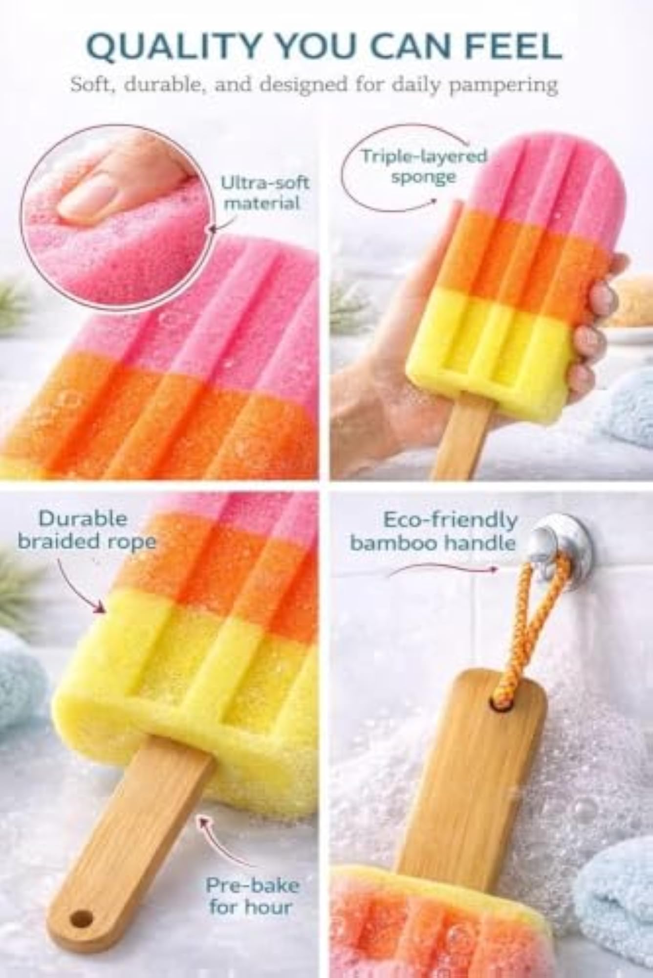 Ice Cream Bath Sponge with Wooden Handle, Soft Exfoliating Scrubber