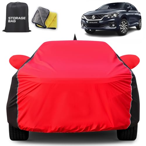 Image of for Maruti Baleno Car Cover for All Weather Protection with 100% Waterproof, Mirror Pockets, Soft Lining, Triple Stitched, Adjustable Belt and Bottom Elastic to Secure Fit (Red Black)