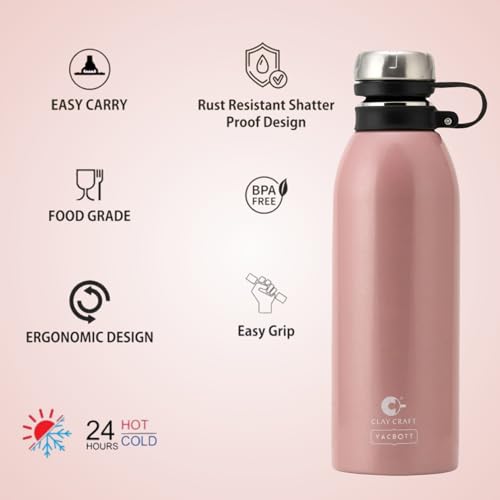 Image of Clay Craft VACBOTT Charlie Double Walled 24 Hours Hot and Cold Water Bottle-900ML, 2-Piece(Ruby) Leak Proof|Easy to Carry|Gym Bottle|Home|Kitchen|Hiking|Travel Bottle|BIS Certified|Made in India