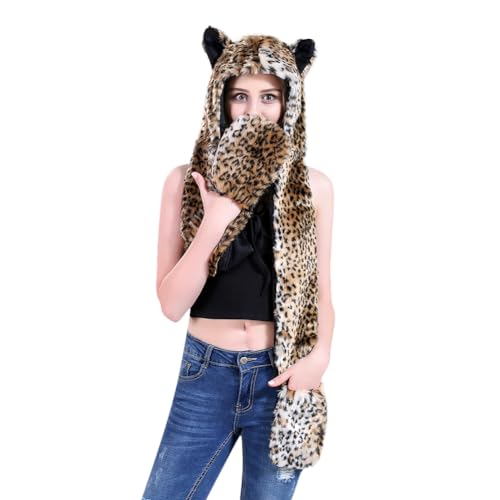 3 in 1 Furry Animal Hood Hat Scarf Mittens Warm Plush Earflaps Hoodie Cap Full Pockets Winter Faux Fur Cartoon Hat Unisex2