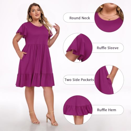 Image of Women's Plus Size Casual Dress Crew Neck Ruffle Floral Short Sleeve Summer Midi Dresses with Pockets