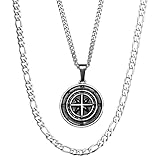 DVRK® Pack 2 Collares Plata Hombre con Base de Acero Inoxidable 316L Resistentes al Agua - Cadena Plata Hombre Figaro más Colgante Brújula - Compass, Silver Chain, Necklace, Regalos, Gift