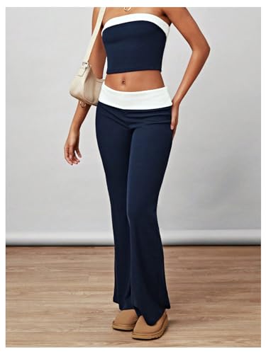 WDIRARA Women's 2 Piece Outfits Color Block Strapless Sleeveless Tube Top and Bell Bottom Flare Pants Set4