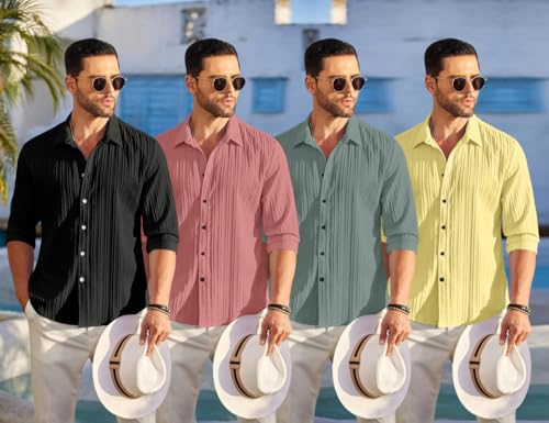 Image of FINIVO FASHION Combo of Men's Casual Cotton Plain Button Down Shirt Long Sleeve Textured Summer Beach Shirt for Men Pack of 4