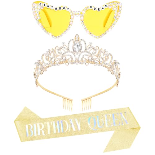 TAROSE Tiaras for Women, Birthday Crown and Sash for Girls, Gold Clear