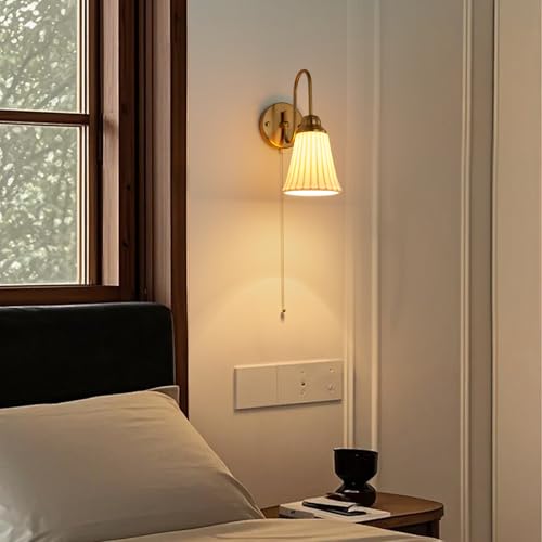 Image of Hardwired Wall Sconces Wall Lighting Set of 2, Modern Ceramic Gold Wall Sconce Light with Pull Chain Switch, Indoor Bedside Wall Lamp Light Fixture for Living Room Bedroom Kitchen Home Office Hallway