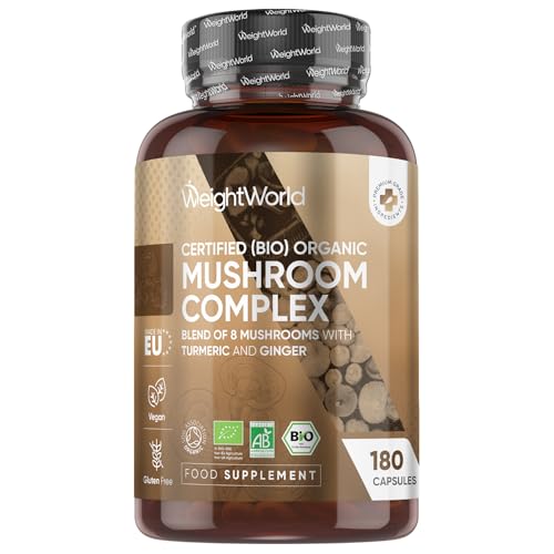 WeightWorld Organic Mushroom Complex | 180 Vegan Capsules | Lions Mane Mushroom, Cordyceps, Shiitake, Reishi, Chaga, Maitake & More | Added Turmeric & Ginger | Gluten-Free & Non-GMO | Made in EU