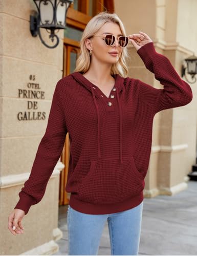 Image of CiCiBird Women's Fall Hoodies Sweater V Neck Waffle Knit Top with Pocket | Loose Fit, V Neck Button, Adjustable Drawstring, Long Sleeve, Kangaroo Pocket, Weekend Errands, Daily Wear, Work Casual
