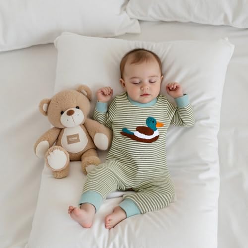 SAYOO Infant Baby Boy Girl Mallard Duck Romper Jumpsuit Green Duck Embroidery One Piece Waffle Overalls Hunting Baby Clothes2