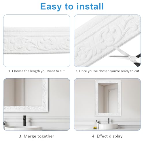 YuLiMirich Bordüre Selbstklebend Weiß - 8cm(B)*5mm(D)*10m(L) - 3D Zierleisten Selbstklebende, Stuckleisten Wand, Wasserdicht Wandbordüre, Leisten Selbstklebend für Ecken Linien Decken Dekoration