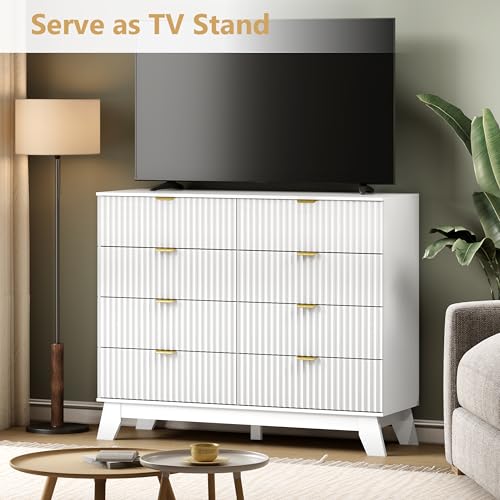 Image of Wodeer 8 Drawer Fluted Dresser for Bedroom, Mid Century Modern Dresser with 8 Drawers, Dressers & Chests of Drawers with Metal Handle, TV Stand & Storage Organizer for Entryway, Hallway, White