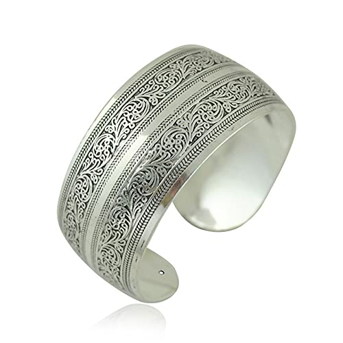 Caiyao Tibeten Silver Carved Spiral Flower Connecting Branches Pattern Bracelets Vintage Ethnic Elephant Turtle Wide Grooved Open Cuff Bracelet Bangle Party Jewelry For Women Gift-E Flower 2 cover