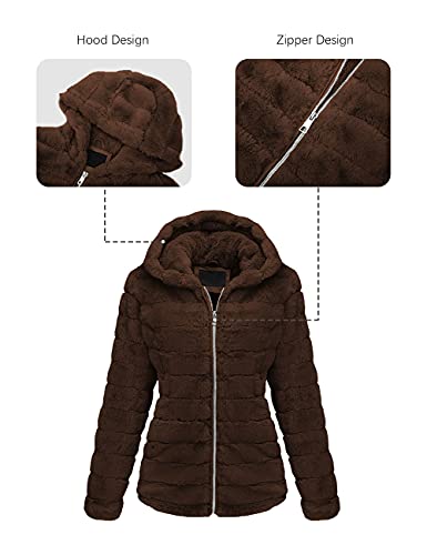 Geschallino Women's Soft Faux Fur Hooded Jacket, 2 Pockets Short Coat, Outwear, Warm Fluffy Fleece Tops For Winter, Spring, Brown, Xl #TOP3