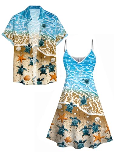 Image of DRESSFO Couple Matching Hawaiian Outfits Gothic Print V Neck Spaghetti Strap Dress or Roll Up Sleeve Shirts Outfit
