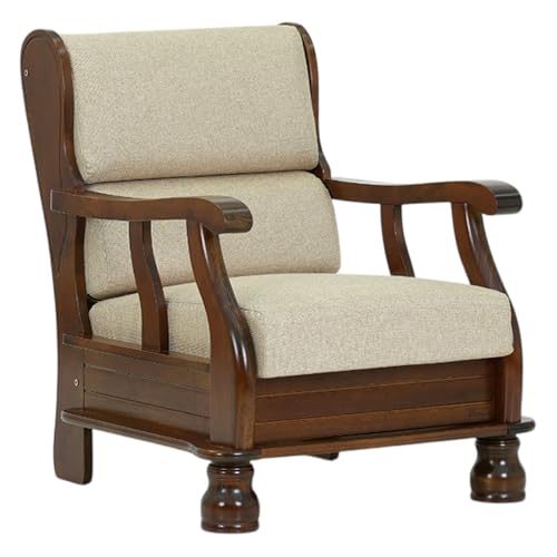 Image of Royaloak Melaka Wooden Single Seater Sofa with Beige Colour Cushion | Solid Wood | Fabric Cushion Cover | Moulded Foam Cushions | Curved Arm Design | Durable & Long Lasting | Malaysian Collection