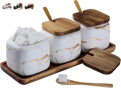 Set Zuccheriera in Ceramica, 3 pz Condimento Box con Coperchio e Cucchiaio e Vassoio, Jar, Scatola, Barattolo Utensili da Cucina Forniture per Spezie, Bianca
