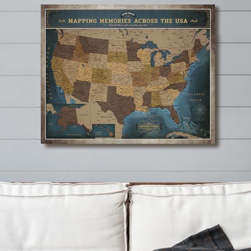 Image of DECORARTS - USA Push Pin Travel Map, Vintage Explorer-Style Canvas Wall Art in Blue, Archival Giclee Print, Hand-Stretched Canvas, Living Room & Office Wall Decor, for Travelers, Made in USA, 20x16''