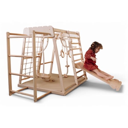 WoodandHearts Indoor Spielturm mit Rutsche & Schaukel – Kinderrutsche, Turnringe & Kletterseil – Baby Schaukel Indoor – Kletterwand Kinderzimmer & Spielhaus für Zuhause (Skandinav Komplex)