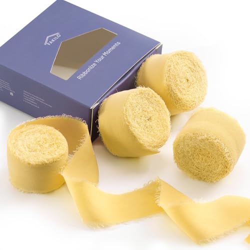 FAKILO Cinta de gasa con borde deshilachado, cinta de gasa de seda amarilla, 4 rollos de 1 pulgada x 5 yardas para invitaciones de boda, ramos de novia, envoltura de regalos, manualidades