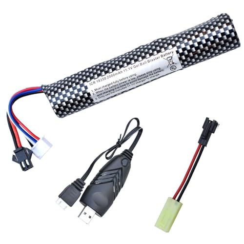 PTIJPOW Airsoft Batteries 11.1V Gel Blaster Battery 11.1 Volt 2000mAh with Charger and SM-2P Plug to Mini Tamiya Connector Cable for Water Bead Splatter Ball1 Pack