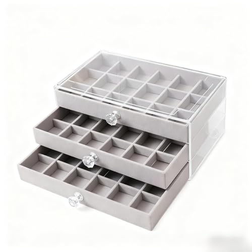 KuBen アクセサリーケース 3 段引き出し!54 区画仕切り 大容量 イヤリング/ピアス/ネックレス収納 宝石ディスプレイ小物ボックス (グレー,三階54区)