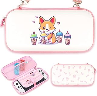 BelugaDesign Corgi Boba Carrying Case | White Pink Pastel Hard Travel Protector | Cute Kawaii Anime Dog Bubble Tea Paws | Compatible with Nintendo Switch Standard Lite OLED (White)