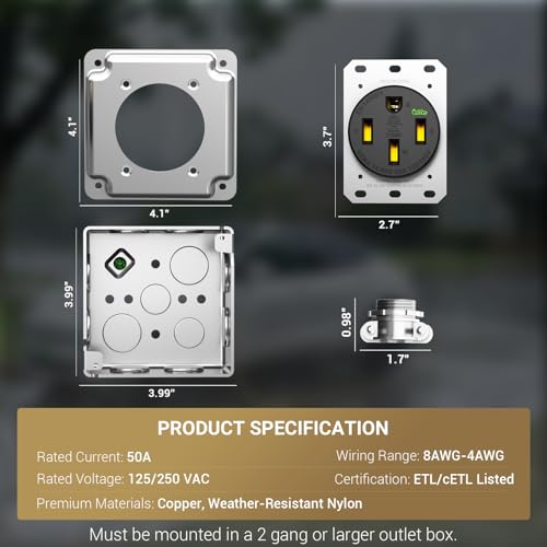 Image of Nema 14-50 EV Outlet (Surface Mount Kit) 50 Amp EV Charging Receptacle Heavy Duty,2.42 inch Diameter, U-Shaped Brass Clamp -Industrial Grade, 3-Pole 4-Wire Grounding, 50A 125 /250V, ETL Listed
