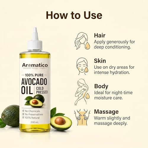Image of AROMATICO Cold Pressed Avocado Oil for Hair & Skin - Avocado Hair Oil for Deep Conditioning, Dry & Damaged Hair | Nourishing Body Massage Oil | 200ml