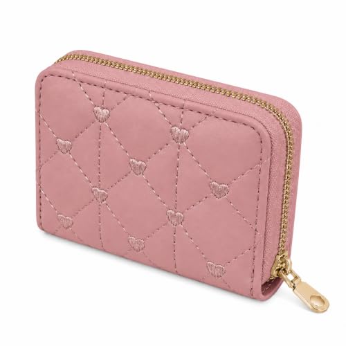 Lady credit card holder, a zippered storage card case, 11 small yet convenient large capacity pockets, heart-shaped embroidery pattern, modern and fashionable style (Pink)