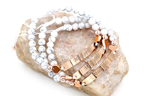 3 Pieces Customized Name Id Bracelets For Women Girls Best Friend, White Turquoise Stone Bracelets For Women Personalized Name With Rose Gold Plated Stainless Steel Engraving Plate Y1451, Adjustable #TOP3