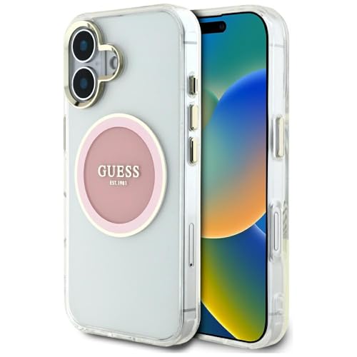 CG Mobile Guess IML Metal Colored Circle Logo Classic Compatible avec MagSafe iPhone 16 (Rose)