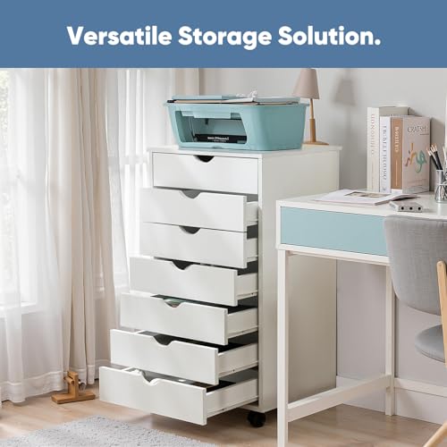 OLIXIS 7 Drawer Mobile File Cabinet Under Desk Storage Organization with Wheels Vertical Filing Chest Rolling Wood Small Desk Printer Stand for Home Office, 15.75"D x 18.74"W x 34.25"H, White - Thumbnail 5