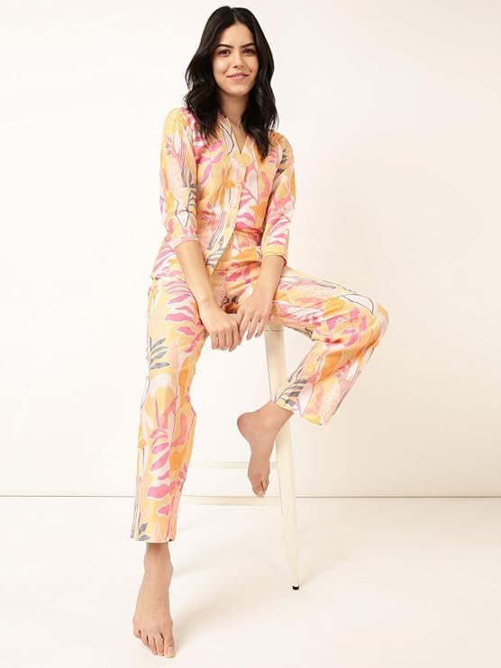 Image of STORIES OF BANNO'S SWAGGER Premium Poly Muslin Floral Co-Ord Set for Women | Soft Pajama Set | Elegant Printed Nightwear Lounge Outfit | Trendy Casual Wear Co-Ord Set