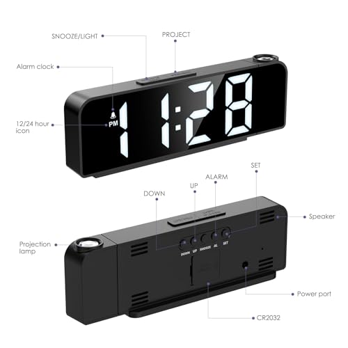 OQIMAX - Proyector de techo, despertador, proyección, proyector de 180°, despertador digital, reloj digital LED de 7,9", 4 luminosidades regulables, Snooze, temperatura, modo nocturno, hogar, números - imagen 7