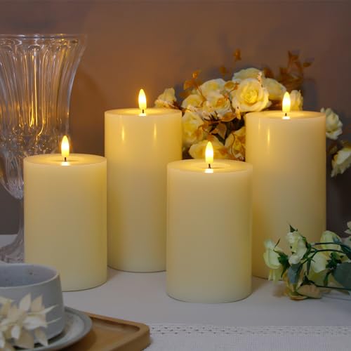 Image of Flameless Flickering 4 inch x6 inch Real Wax Ivory Remote Candles with Candle Grease, Pack of 2 Timer LED Battery Operated Fake Warm Light Pillar Candles for Home, Banquet, Ceremony Decoration
