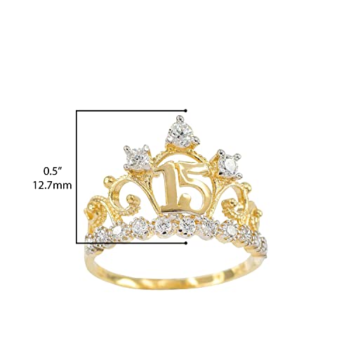 10K Yellow Gold Cubic Zirconia Tiara Sweet 15 Años Quinceanera Crown Ring3