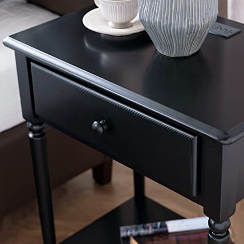 Leick Home Coastal End Table, Solid Wood, USB-C Charging Station, 1 Storage Drawer, Bottom Shelf, Easy-Assembly, For Bedroom/Living Room, Black Swan, 15.8 in. L x 24.0 in. W x 28.1 in. H, 20022-BK - Image 6