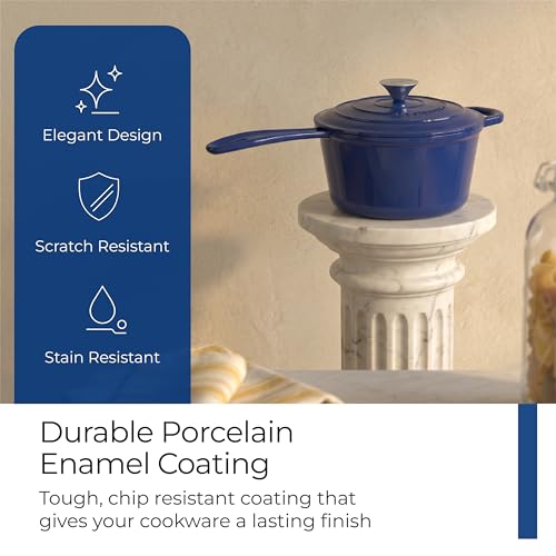 Image of Lifelong Enamel Cast Iron Saucepan with Lid (1.9L, 20cm) | Oven, Gas & Induction Compatible | Slow Cooking, Even Heat Distribution, Non-Toxic, Durable, Naturally Nonstick, No Stains or Scratch (Blue)