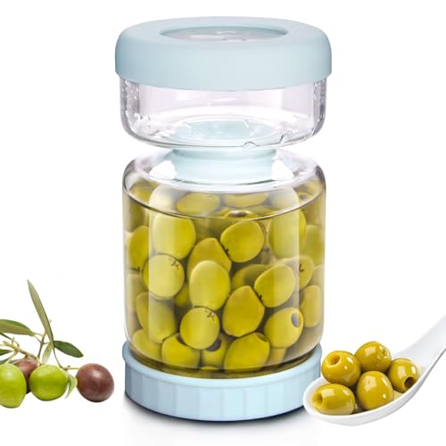 WhiteRhino Tarro para encurtidos, Bote para aceitunas,1L Bote aceitunas separador liquido, Soporte de Almacenaje de Pepinillos Boca Abajo, Tapa Hermética a Prueba de Fugas