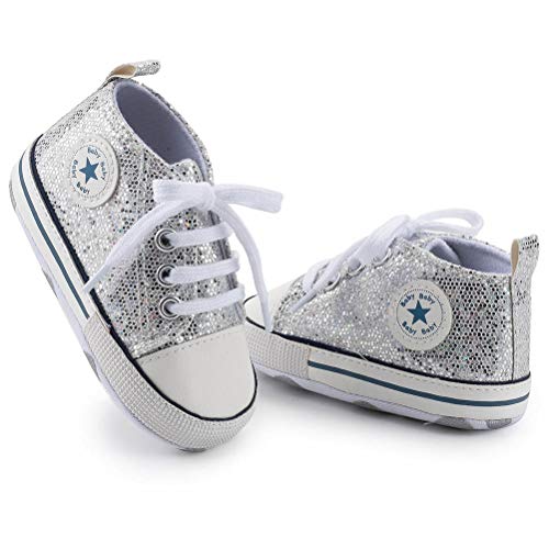 Baby Boys Girls Star High Top Sneaker Soft Anti-Slip Sole Newborn Infant First Walkers Canvas Denim Shoes (12Cm, B-Silver, 6_Months) #TOP1