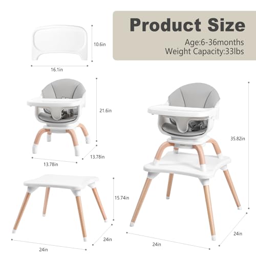 Image of Baby High Chair, 7 in 1 Convertible High Chairs for Babies and Toddlers, Kids Learning Table, Building Block Table, Toddler Dining Chair with 360 Rotating Seat, 5-Point Safety Harness (Grey)